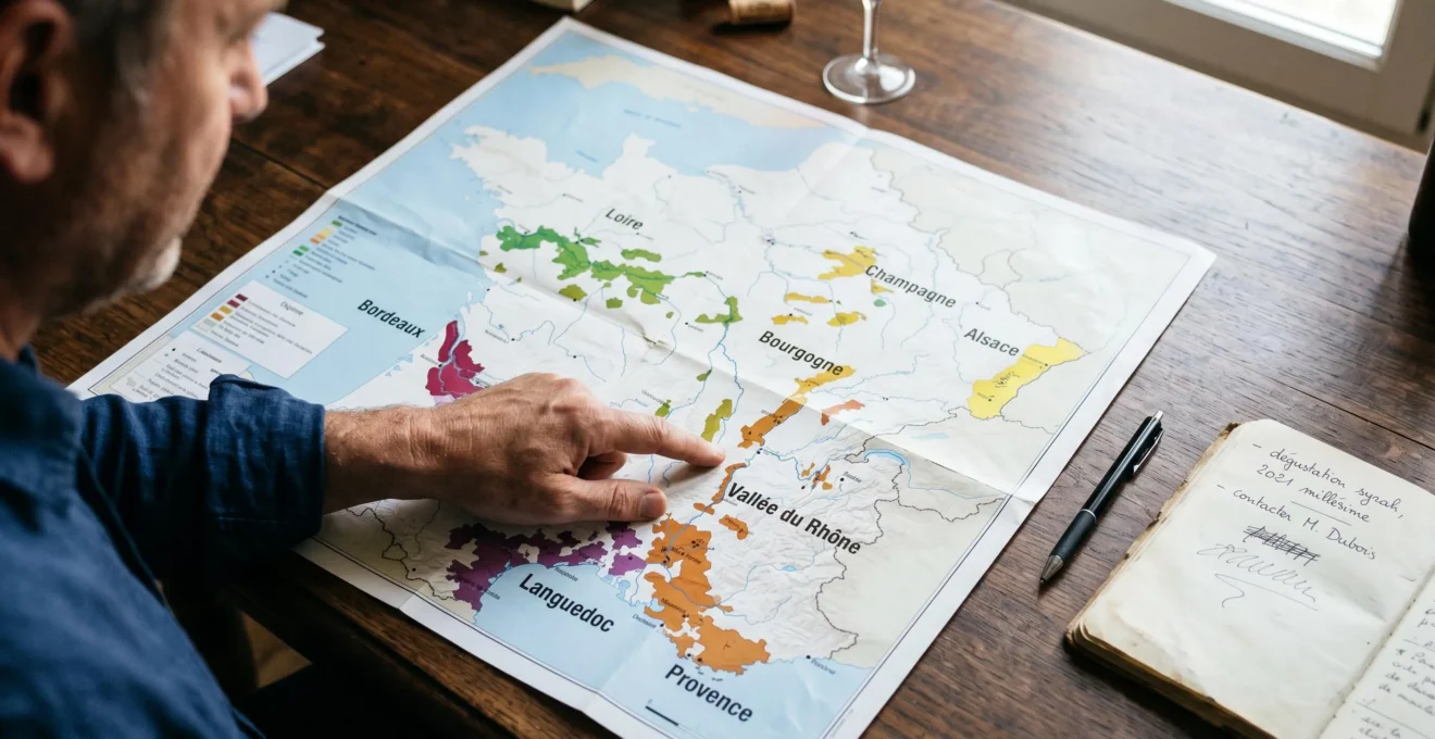 Vue rapprochée d'un bureau de caviste avec carte papier des régions viticoles françaises dépliée, main d'un professionnel pointant la vallée du Rhône, stylo et carnet de notes à côté