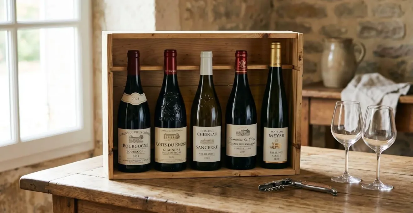 Coffret en bois ouvert contenant cinq bouteilles de vins français de régions différentes (Bourgogne, Rhône, Loire, Languedoc, Alsace) posé sur une table en chêne avec tire-bouchon et verres à vin