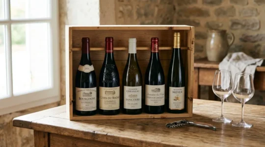 Coffret en bois ouvert contenant cinq bouteilles de vins français de régions différentes (Bourgogne, Rhône, Loire, Languedoc, Alsace) posé sur une table en chêne avec tire-bouchon et verres à vin