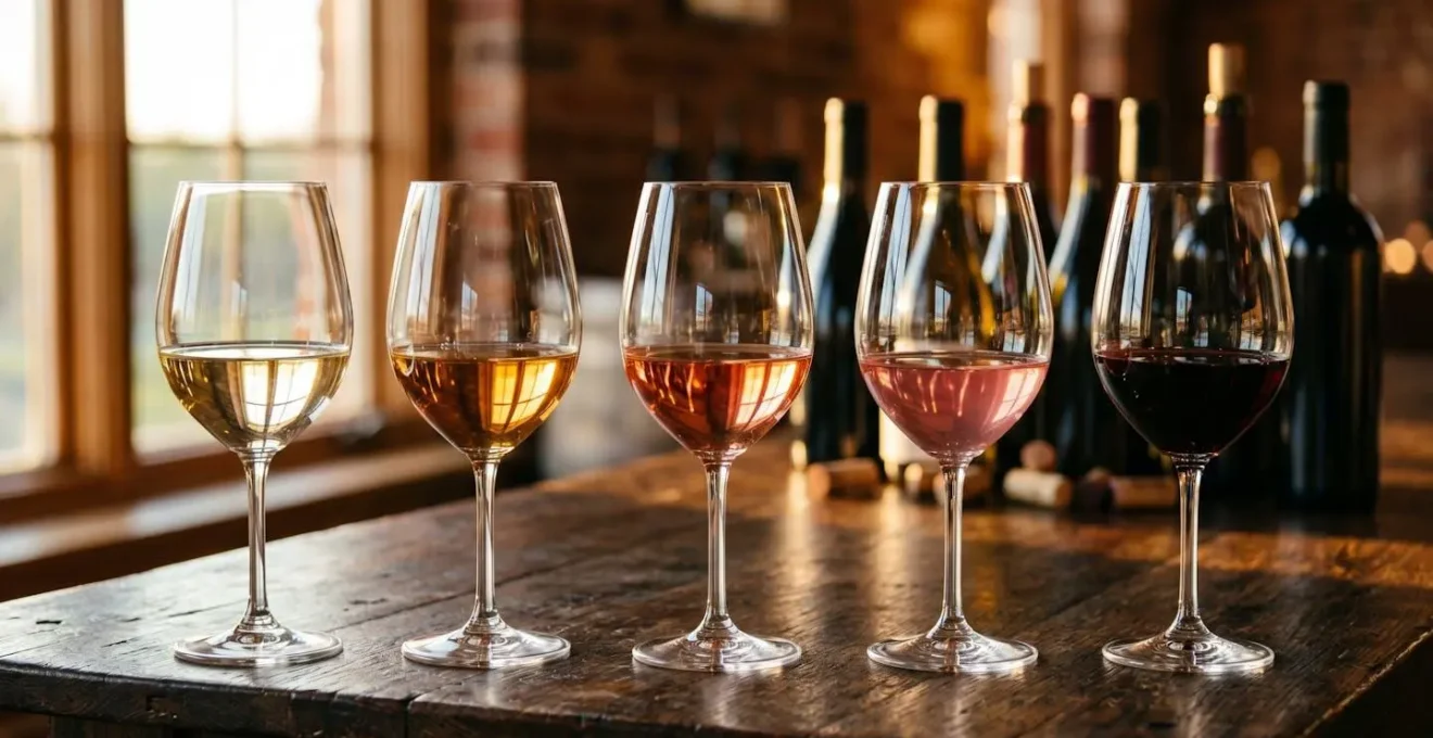 Table de dégustation en bois sombre avec cinq verres à vin alignés montrant progression de couleurs du blanc pâle au rouge grenat profond, lumière chaude latérale traversant les verres