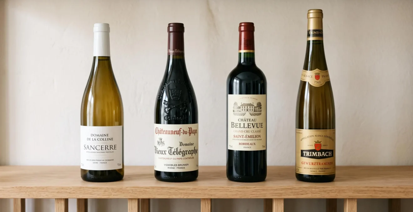 Quatre bouteilles de vins français alignées sur étagère en bois clair avec étiquettes visibles montrant appellations de quatre régions distinctes : Sancerre Loire, Châteauneuf-du-Pape Rhône, Saint-Émilion Bordeaux et Gewurztraminer Alsace